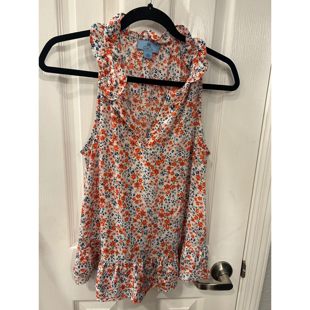 CeCe Blouse Orange Floral Ruffle Neck‎ Sleeveless Peplum Hem Top